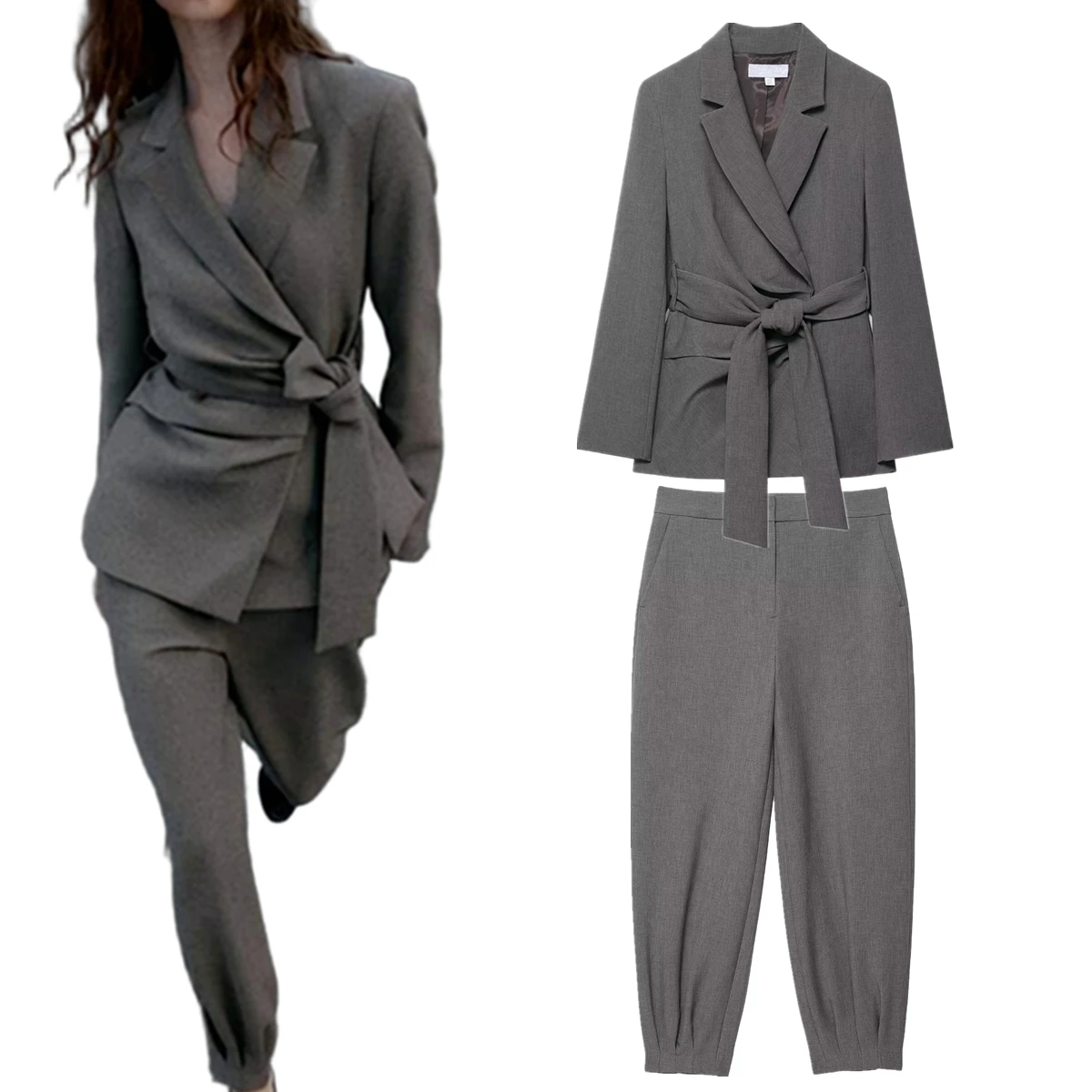 

Jenny&dave French Fashionable Lady Minimalist Gray Suit And Harem Pants Set Woman Clothes Pant Sets Two Piece Set Women's Suit