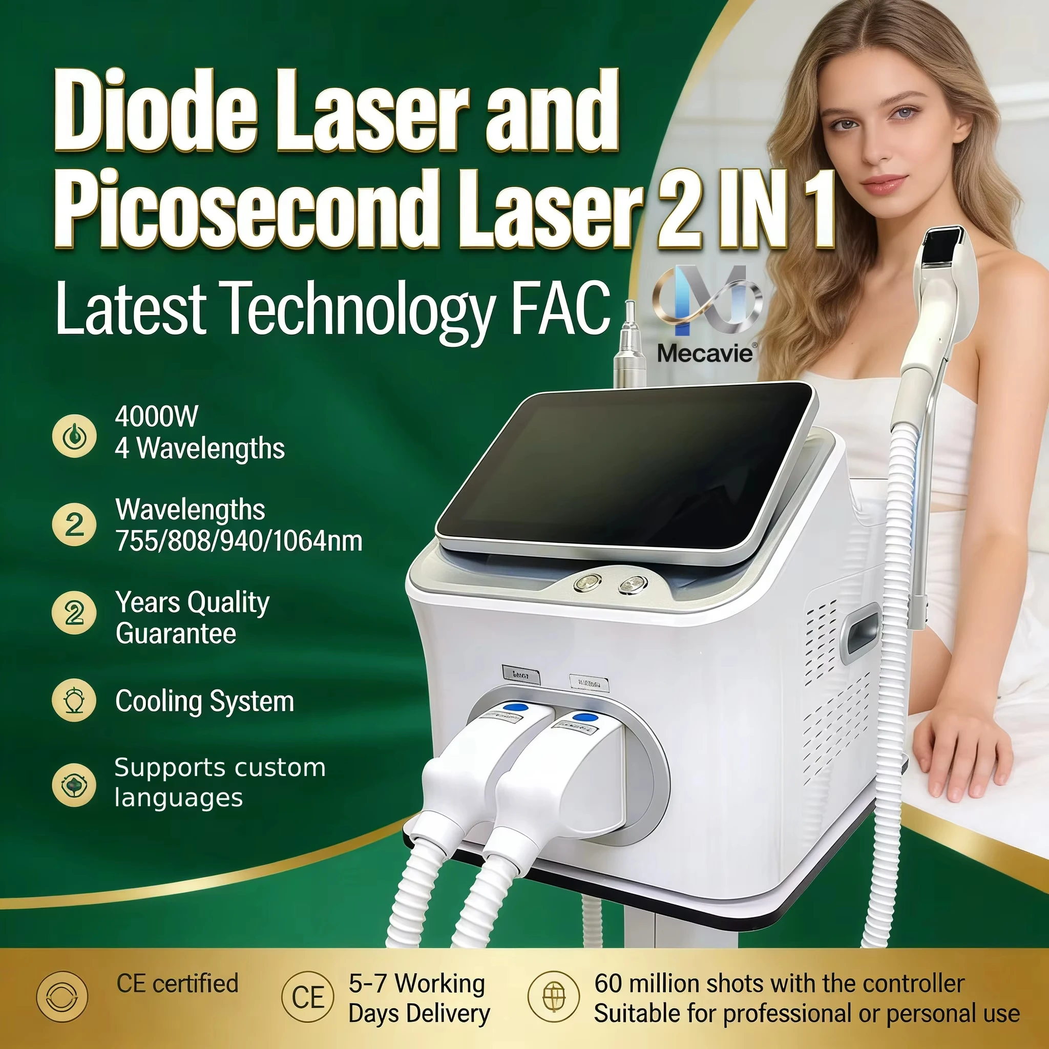 

2026 Портативный диодный лазер 2-в-1 с охлаждающей насадкой 808 нм для перманентного удаления волос и пикосекундный лазер Q-Switched для удаления татуировок, 4000 Вт