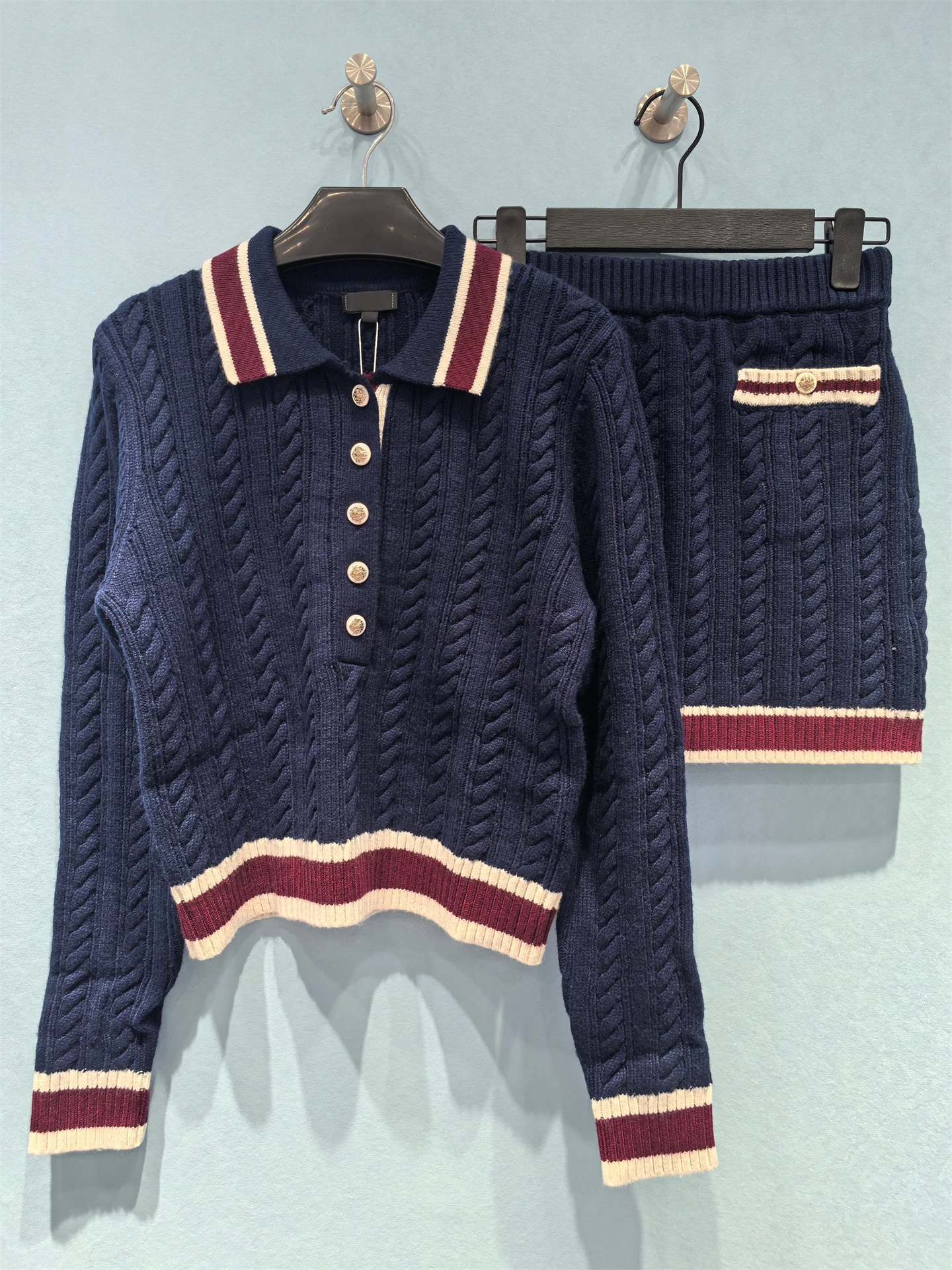 

2025 Fall/Winter New Arrival Women's Color-Block Striped Lapel Cable Knit Sweater and Skirt Set