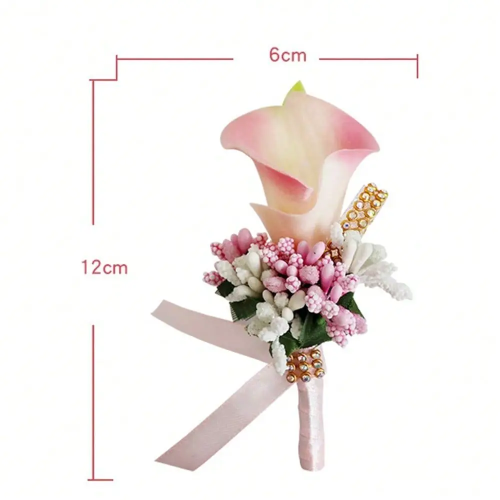 Calla Lily Pink Boutonniere Handmade Silk Flower With Ribbon Corsage For Bride Groom Wedding Party 6 Packs