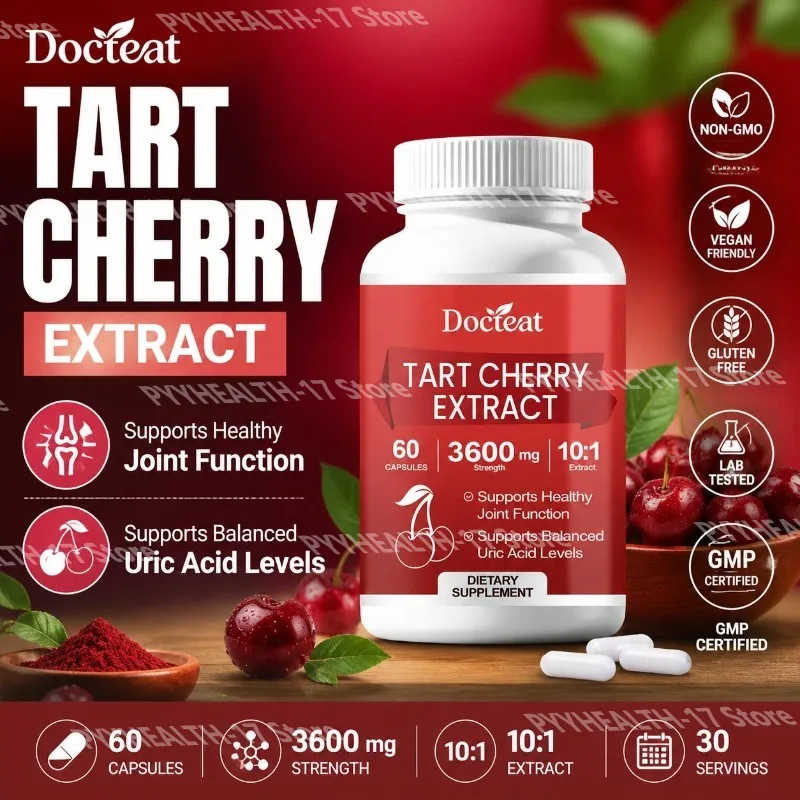 Docteat Tart Cherry Extract Capsules Supports Joint Function and Daily Antioxidant for Overall Wellness Plant-Based 60 Capsules