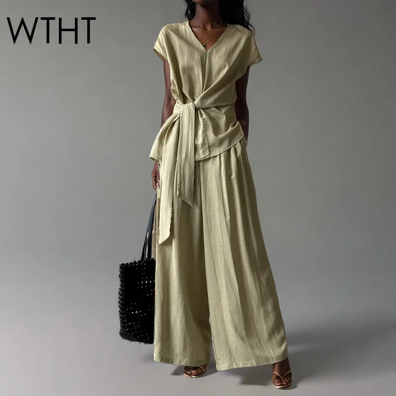 

WTHT Fashion New Women's Suits V-neck Bandage Shirt Buttons High Waist Loose Wide Leg Pants Set Female 2025 Summer 1LS2000