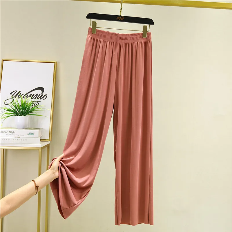 Spring Summer New Ice Silk Large Size Wide Leg Pants Korean Casual Home Pant Solid Color Pajamas Trousers Women Pantalones