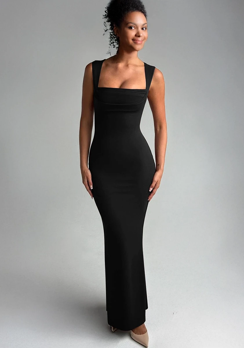 فستان ماكسي مثير بياقة مربعة بدون أكمام للنساء موضة الربيع والصيف جديد عالي الخصر فستان طويل للحفلات والنوادي #1