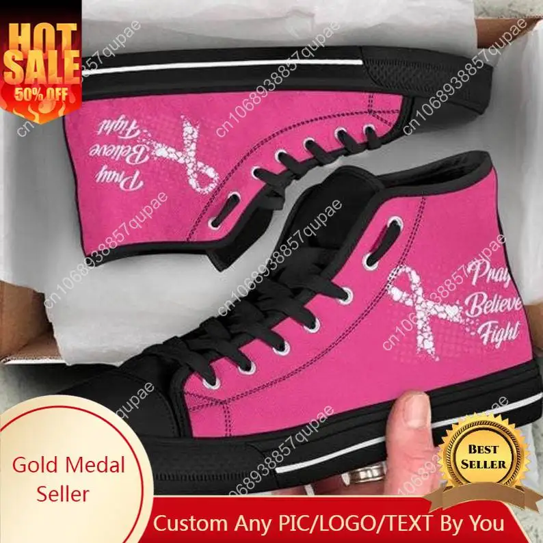 

Breast Cancer Pray Believe Fight High Top Sneakers Mens Womens Teenager Canvas Sneaker Casual Couple Shoes Custom Shoe