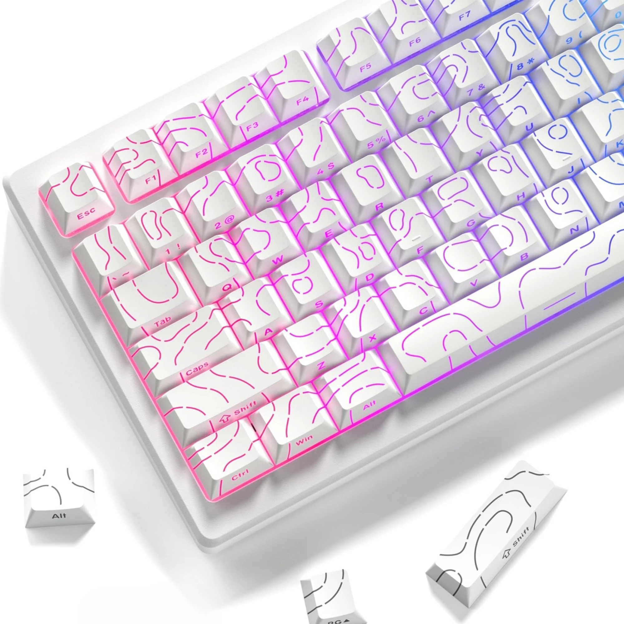 Topographic 4.0 PBT Keycaps 98 Key White Double Shot Side Print Shine Through Backlit key caps For MX Gamer Mechanical Keyboard