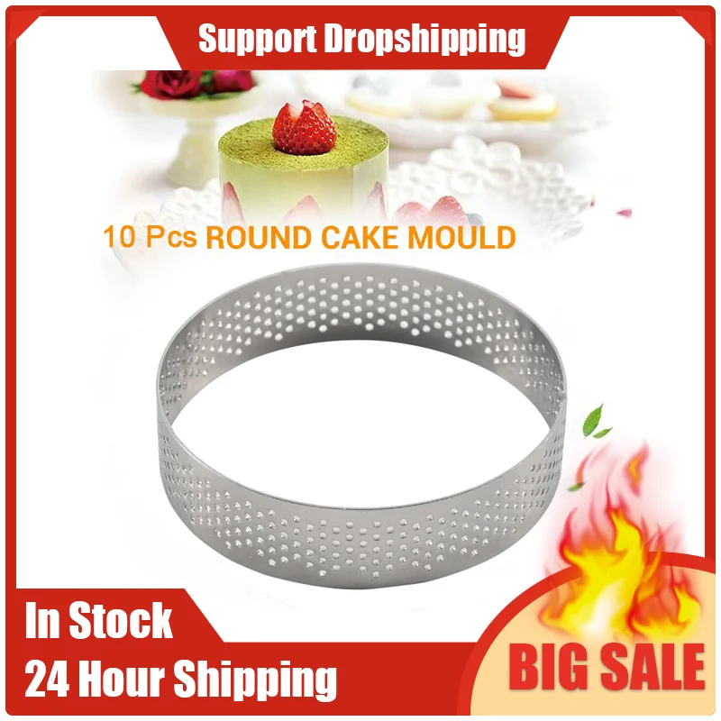 10 Pcs Circular Stainless Steel Tart Ring Tower Pie Cake Mould Baking Tools Perforated Cake Mousse Ring,8cm