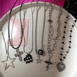 Kpop Cross Cat Big Star Pendant Necklace For Girl Chain Heart Beaded Y2K 2000s Jewelry Accessories