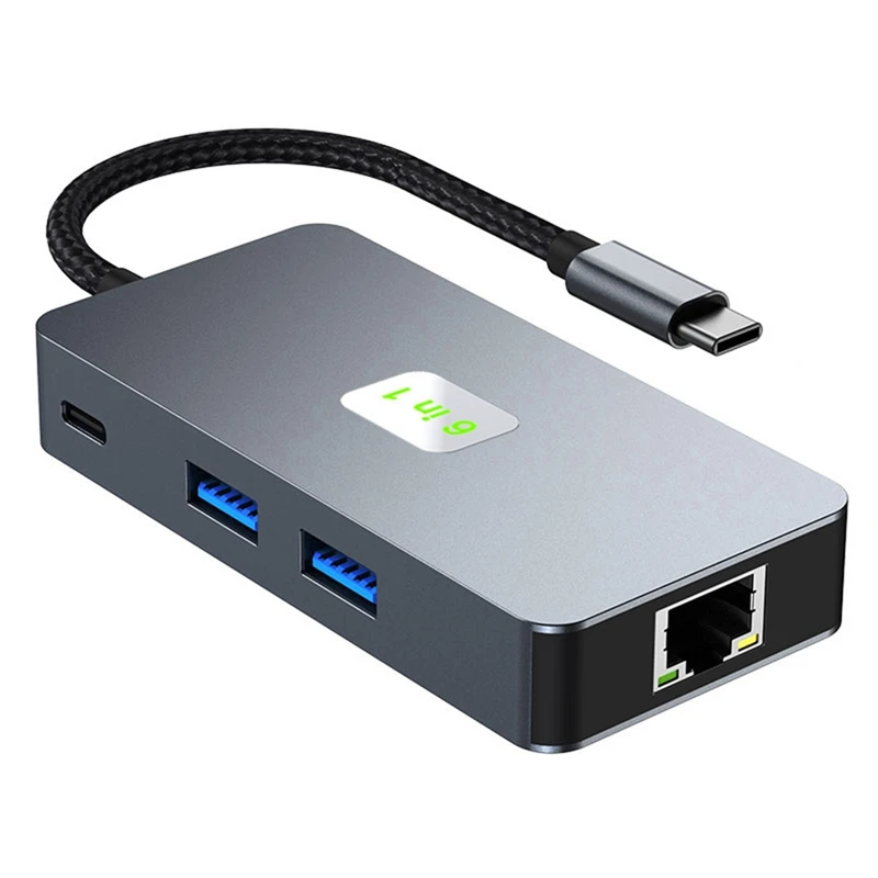 6-In-1 USB 3.2 Type C Hub Laptop Docking Station Gigabit+USB3.2(10Gbps)+4K/60Hz HD+PD100W Fast Charge