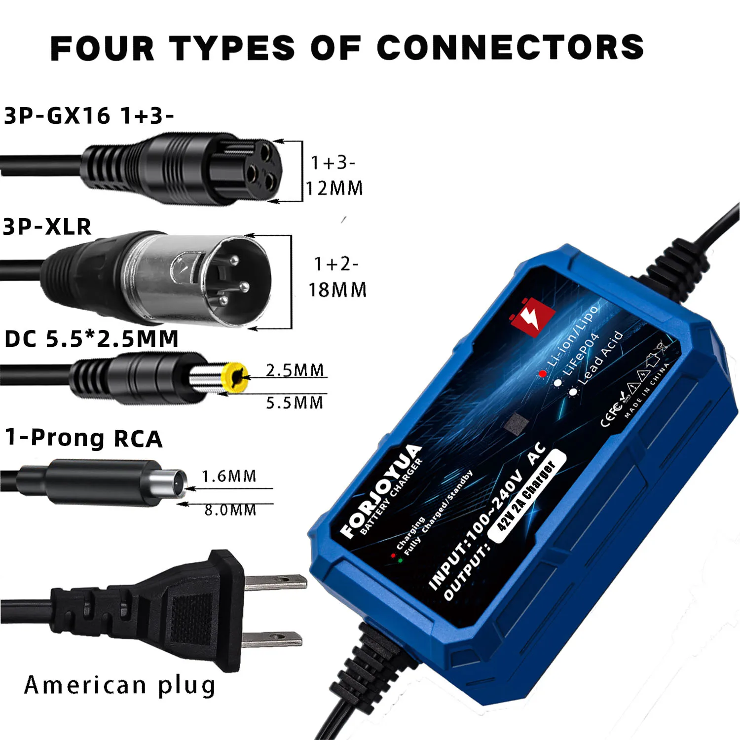 42V 2A Smart Lithium Battery Charger For 10S 36V Li-ion Battery Pack with DC5.5X2.1mm Plug