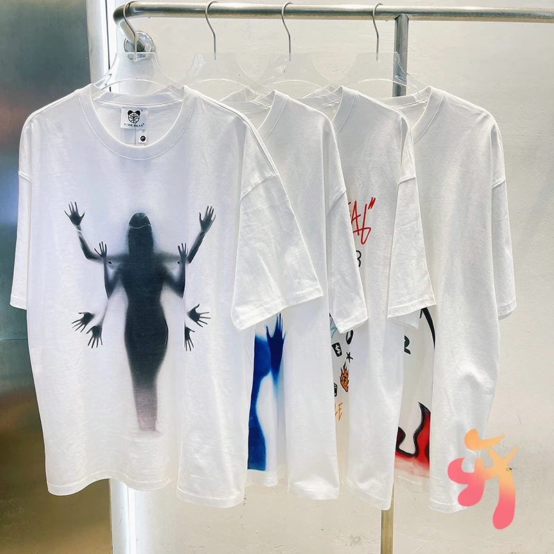 

Summer White Shadow Graffiti Round Neck Short Sleeve Cotton Kanye T-shirts Street Cleanfit Hiphop Casual Loose Tshirt Men Women