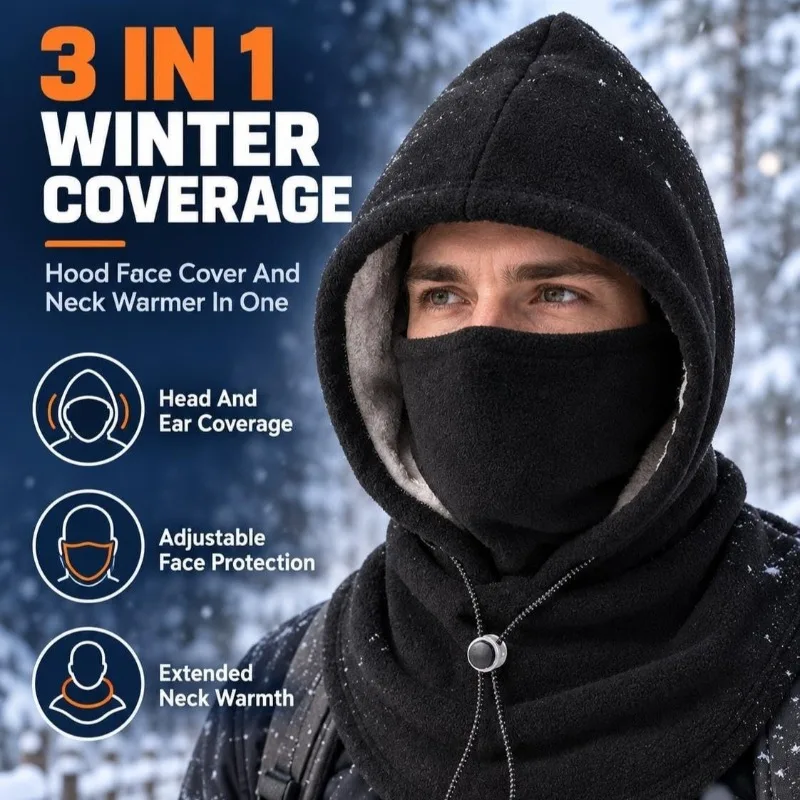 3-in-1 Winter Hats.Double-Layer Fleece One Piece Balaclava Hoodie.Unisex Flannel Warm Winter Mask Hat for Cold Weather