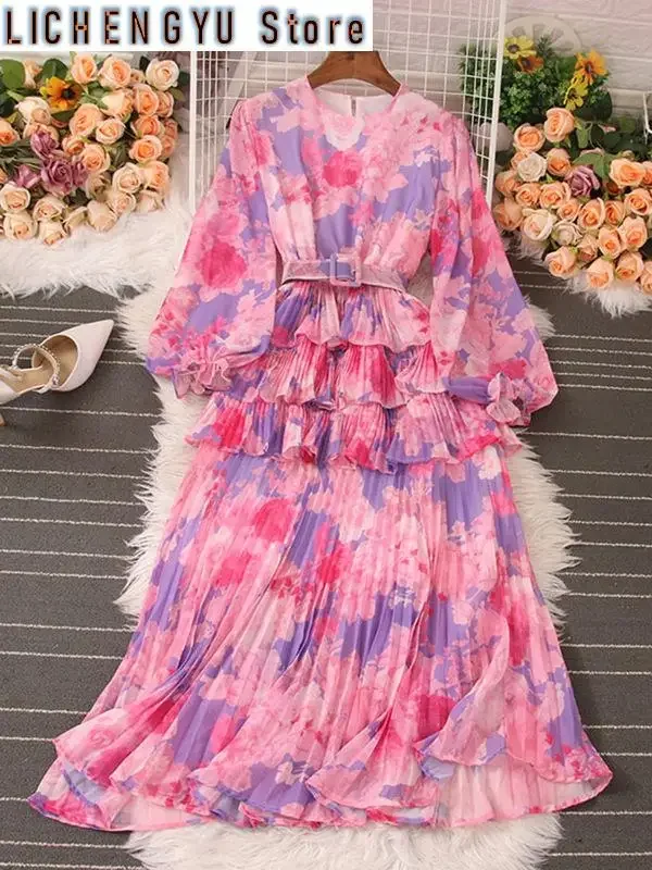 New Sweet Style Women's Dress O-neck Lantern Long Sleeve Ruffles Contrast Color Print Dresses Winter Spring