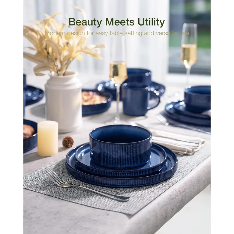 Star Dinnerware Sets Plates and Bowls Set for 4 12 Pieces Ribbed Dishes Chip and Scratch Resistant Microwave and Dishwasher Saf