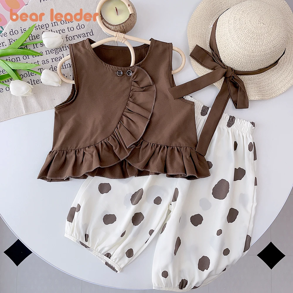 Bear Leader Girls' Set 2023 New Summer Solid Ruffled Top+Polka Dot Pants Set Fashion Baby Set Girl Baby Casual Sleeveless Set