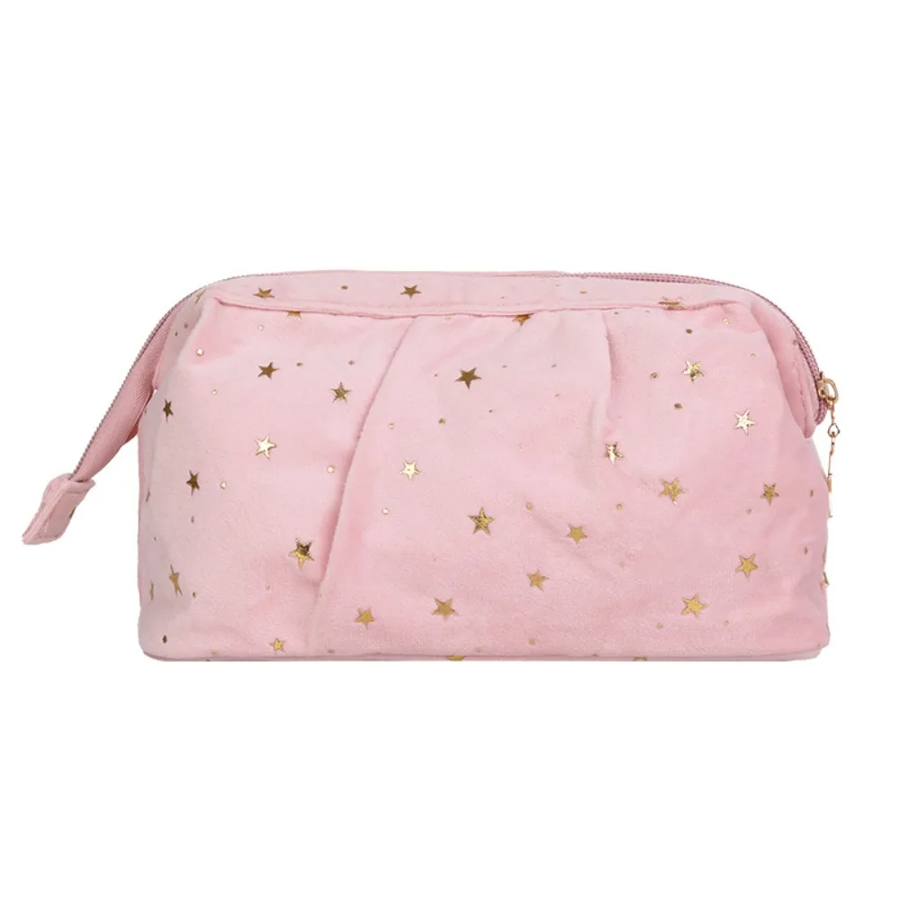 Large Capacity Travel Cosmetic Bag Velvet Material Bronzing Stars Cosmetic Storage Bag Cubic Shell Shape Makeup Case