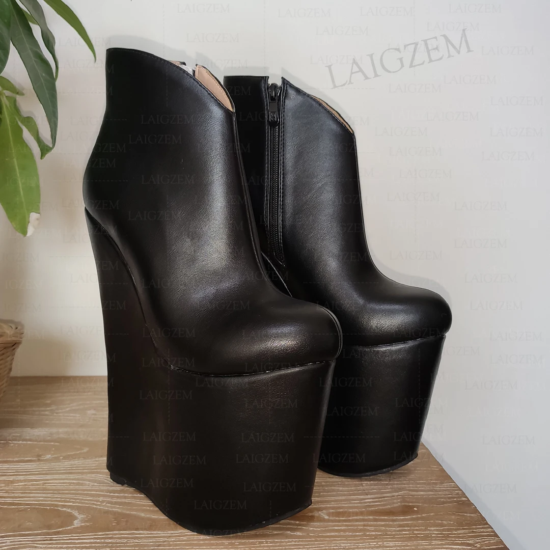 BERZIMER Women Ankle Boots Platform Side Zip 20CM High Heels Boots Handmade Fetish Ladies Shoes Woman Large Size 34 41 43 45 48