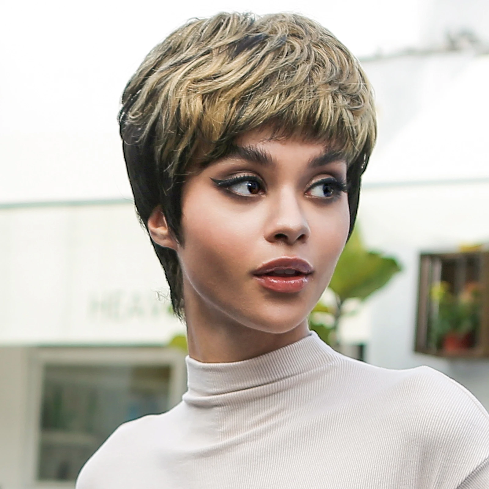 Short Straight Pixie Cut Human Hair Black Remy Human Hair Wig with Golden Blonde Bangs Wigs for Afro Women Brizilian Machinism