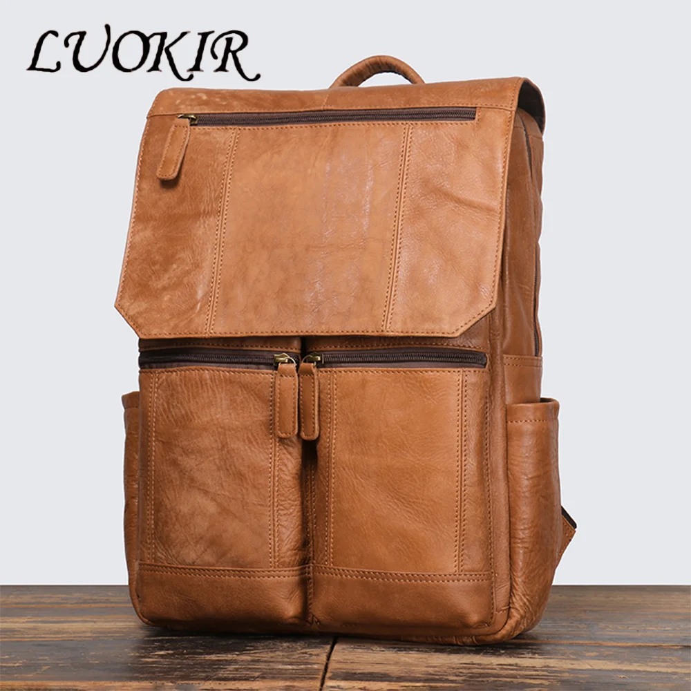 LUOKIR Retro Fashion Men's Genuine Leather Backpack Nubuck Cowhide Large Capacity Laptop Bag Cowhide Women's Travel Backpack