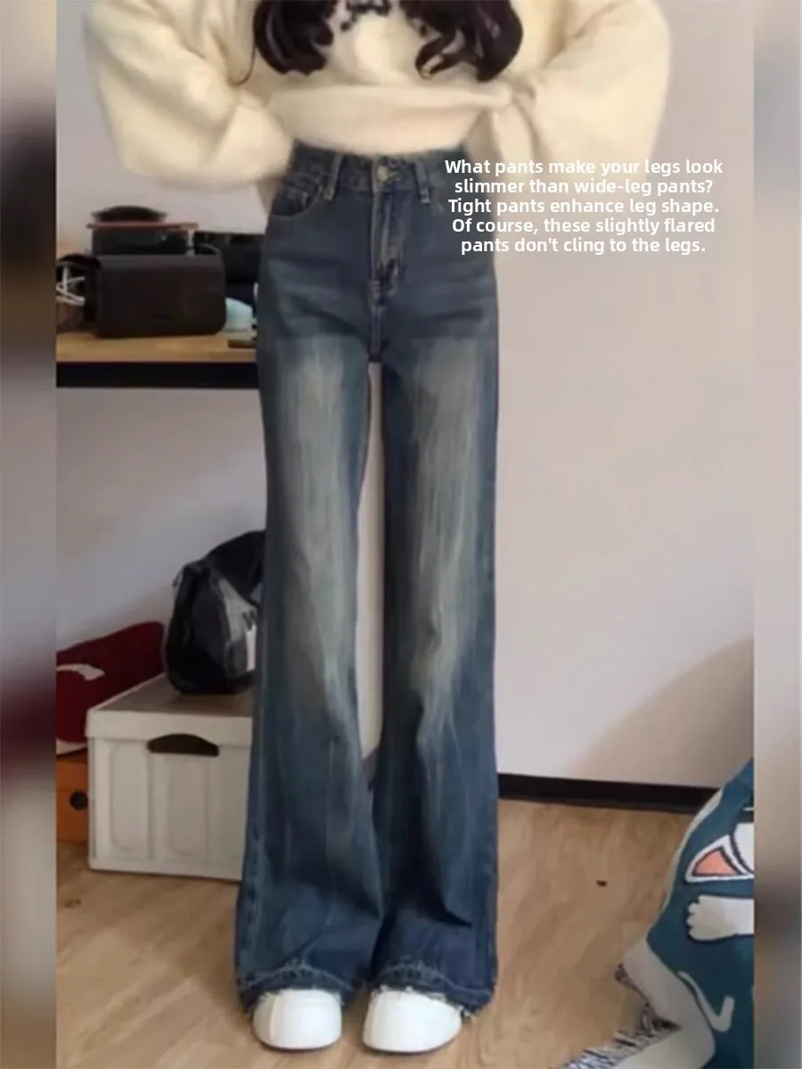 

High Waist Wide Leg Jeans Women's Spring Autumn Loose Fit American Retro Bell Bottoms Slimming Jeans Long Pants Blue