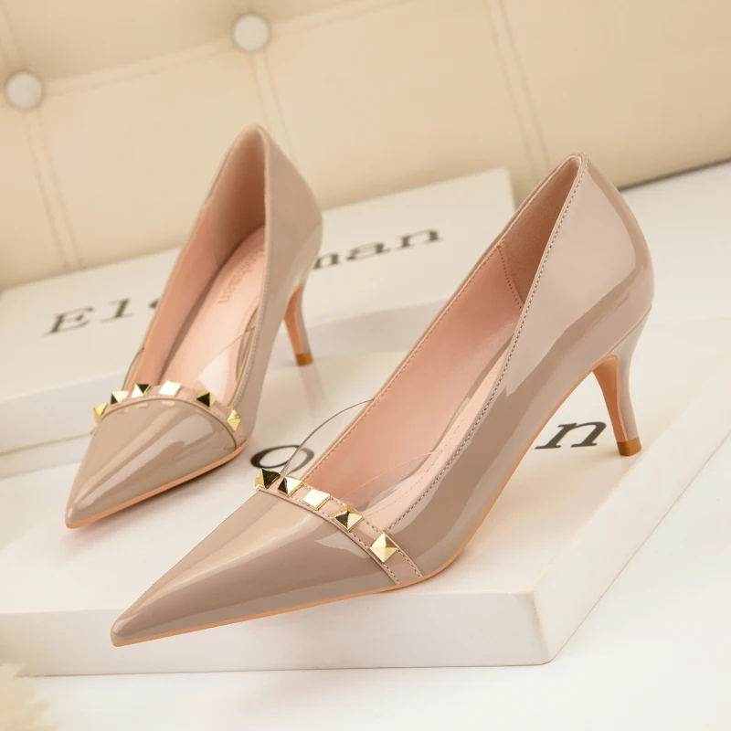 

Patent Leather Sexy Heels Shoes Pointed Toe Rivet Super High Heels Nude Pumps Women Dress Shoes Stilettos 2023 New Fashion