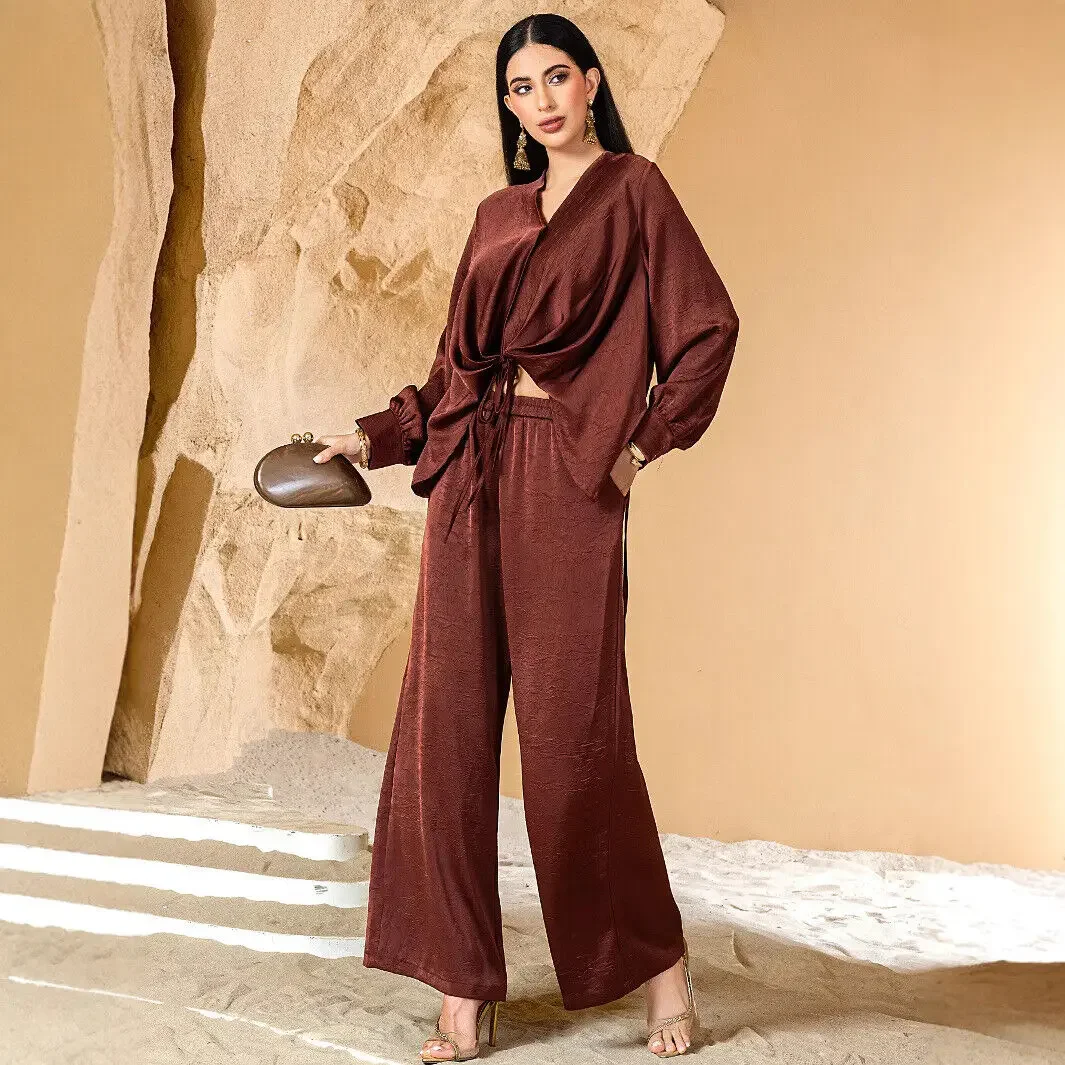 

Рамадан Дубай атласные топы брюки комплект из 2 предметов женский мусульманский Абая Турция кафтан сабая халат наряды исламские женские ансамбли мустарников