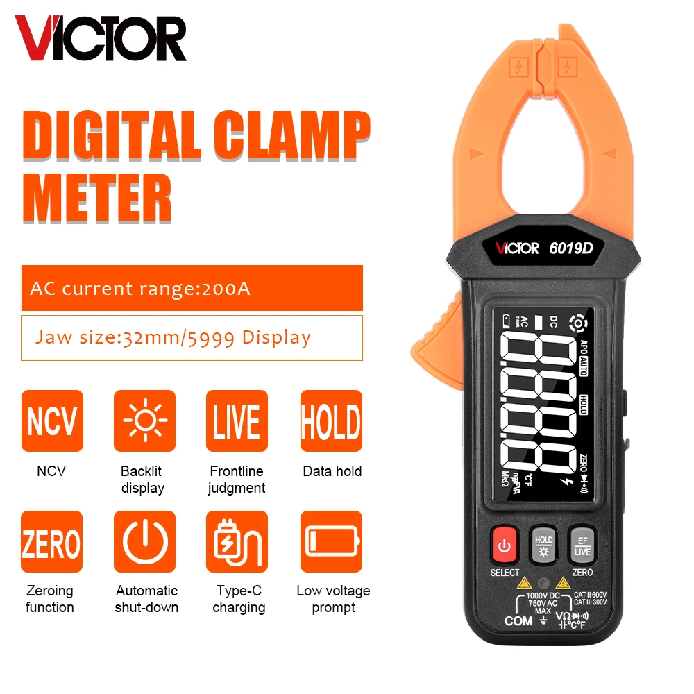 Victor 6019D Mini Digital Clamp Meter 6000 Counts NCV HIGH PRECISION Type-C charying Li- battery Reverse Display Screen Tester