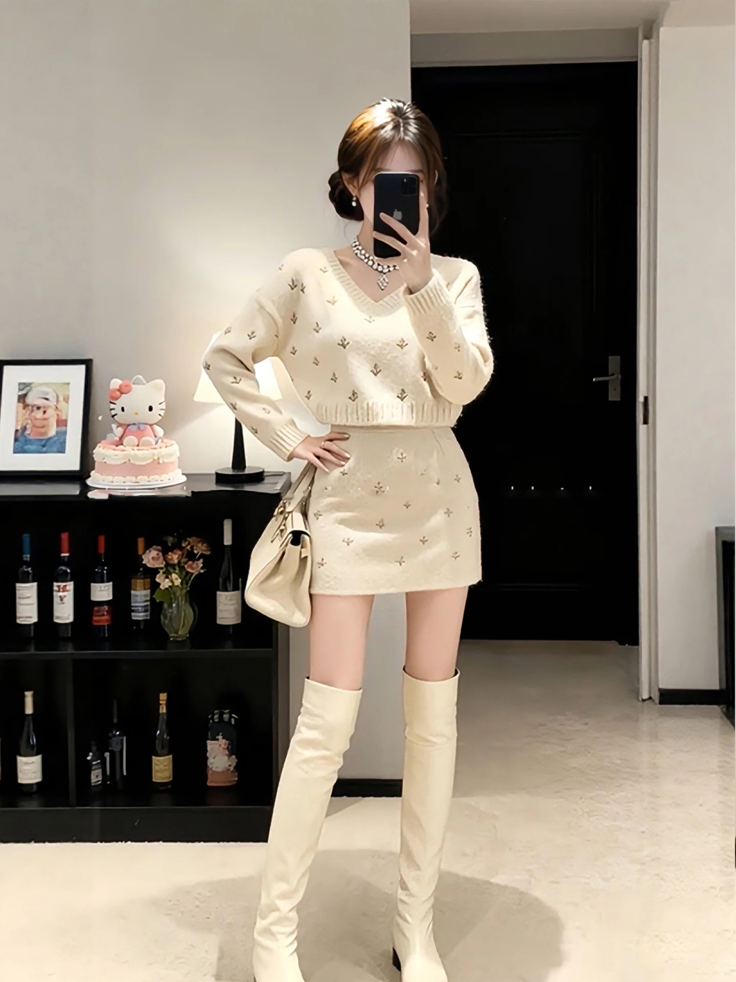 

Autumn Winter Women's Knitted Sweater And Short Skirt Set plus Size Warm Fashionable High Waist V Neck Two Piece Outfit