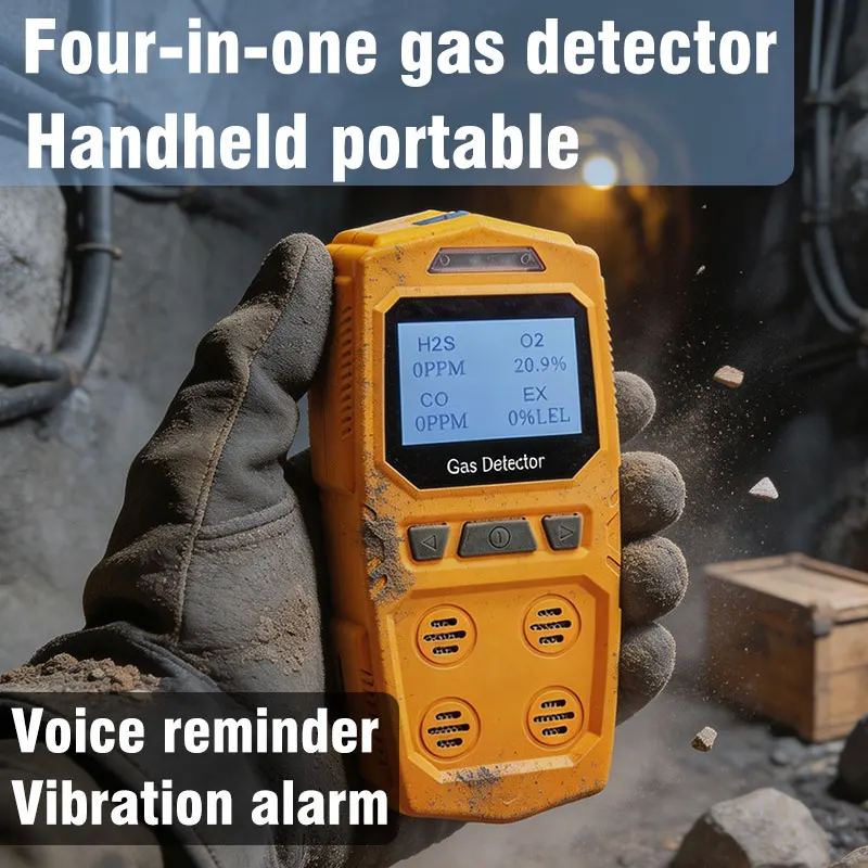 Portable 4-in-1 Gas Detector, Handheld Combustible Gas and Toxic and Harmful Gas Analyzer, CO, O2, Hydrogen Sulfide, Voice, Vibr
