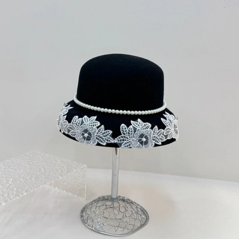 french-light-luxury-lace-pearl-fisherman-hat-high-quality-australian-wool-berets-hat-fashion-elegant-small-fragrance-hat