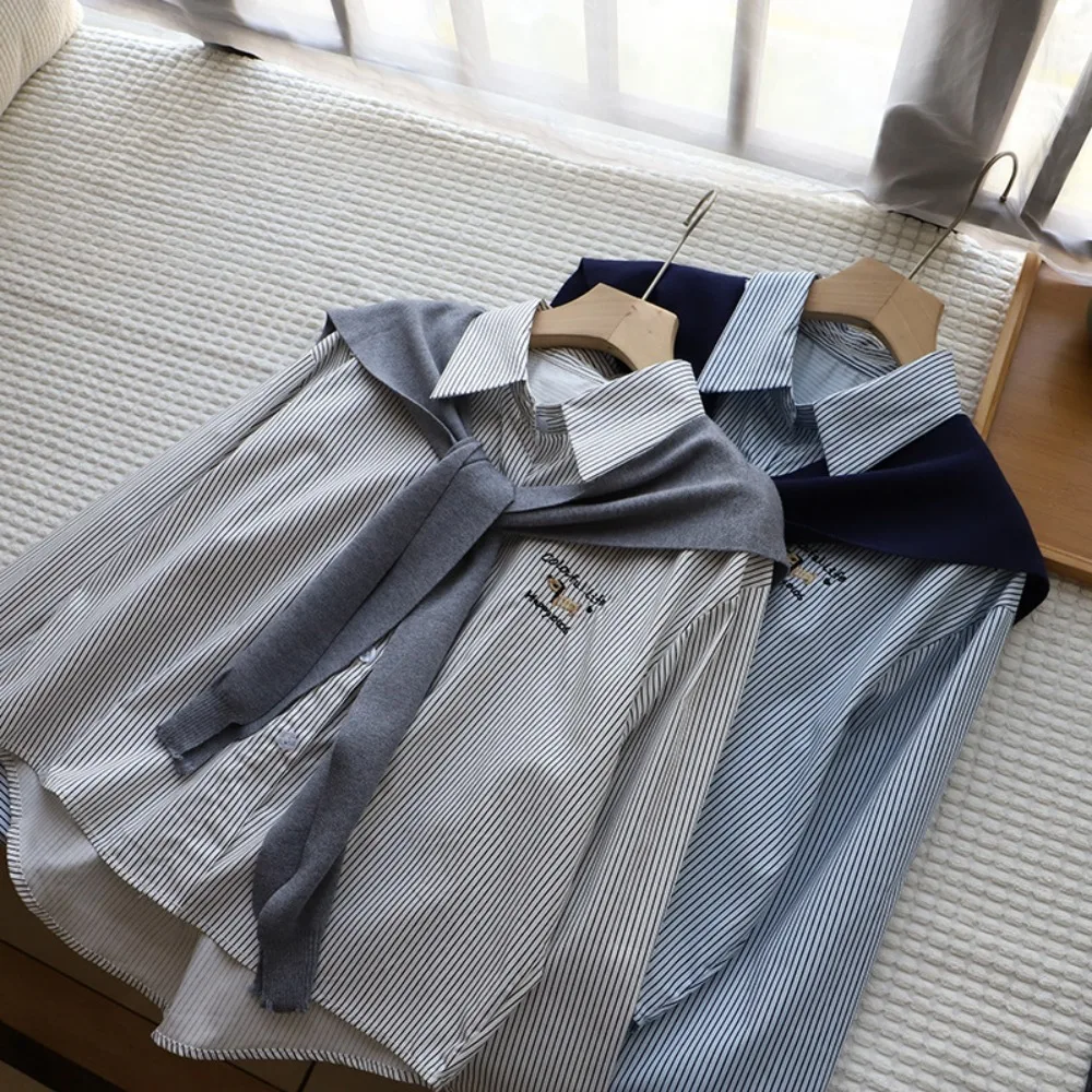 

Y2K Two Pieces Set Shirts Button Up Embroidery Dog Long Sleeve Blouse Preppy Style All Match Striped Blouse Women Spring Autumn