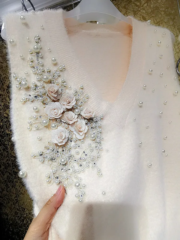 Luxury Diamonds Pearls Beads Mohair Sweater Vest 3D Flowers Embroidery Cashmere Mink Knitted Waistcoat Cardigan Floral Tank Tops