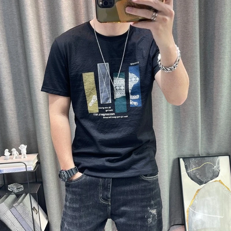 

Men's Summer 2026 Short Sleeve T Shirt Ice Cool Pure Cotton Letter Print Trendy Fashion Premium