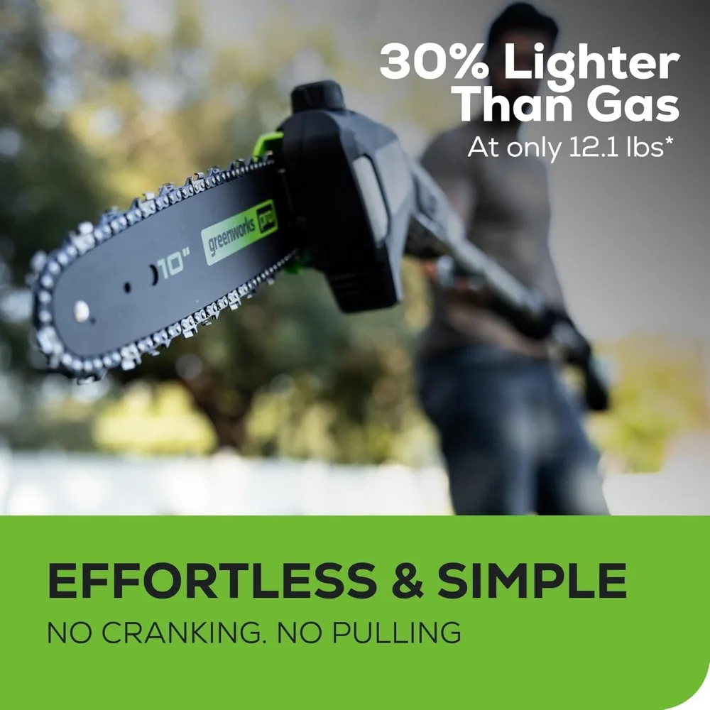 Аккумуляторная пила Greenworks 60 В с 10-дюймовым лезвием, расширяется до 14,5 футов, включает аккумулятор емкостью 2,0 Ач и зарядное устройство.