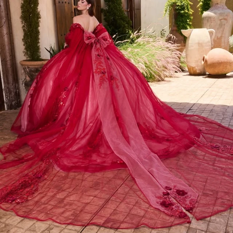 Robes de Quinceanera rouge personnalisées, épaules dénudées, paillettes de cristal, appliques de fleurs 3D, dentelle, longue queue, 15