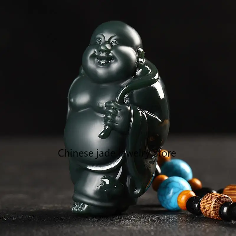 Maitreya Buddha hand handle genuine Xinjiang Hetian jade fine material sapphire three-dimensional Buddha public handle jade cult