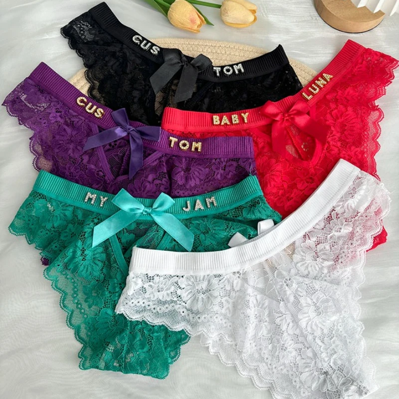 Personalization Custom Name Panties Waist Cut-out Bow Knickers Sexy Lace Low Waist Briefs Girlfriend Wife Anniversary Gifts