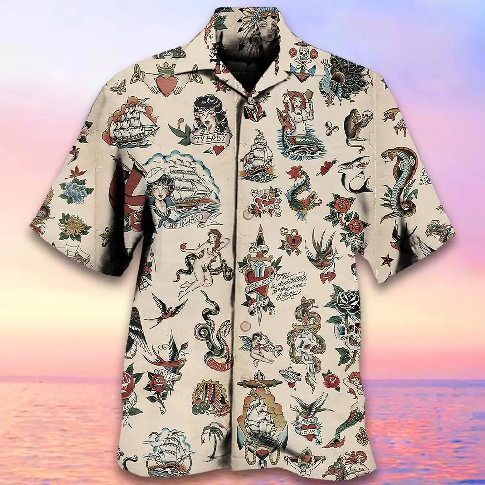 Hawaiian Shirt Summer Short-Sleeved Shirt 3d Printing Pattern Casual Vacation Lapel Button-Down Shirt 2024 Retro Wear Clothing