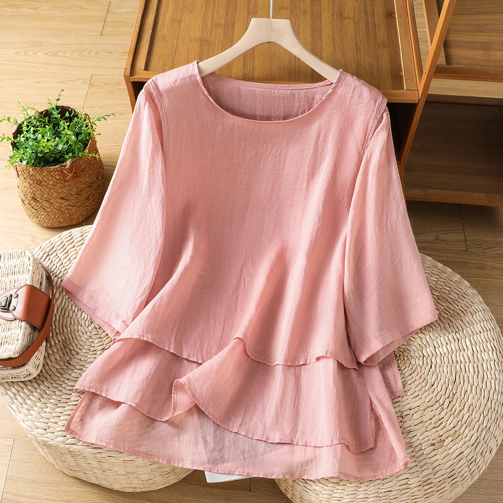 Retro Fake Two-Piece Shirt Side Button Midi Sleeve round Neck Double Layer Hem Top Summer Thin Cotton Polyester Blend T-Shirt