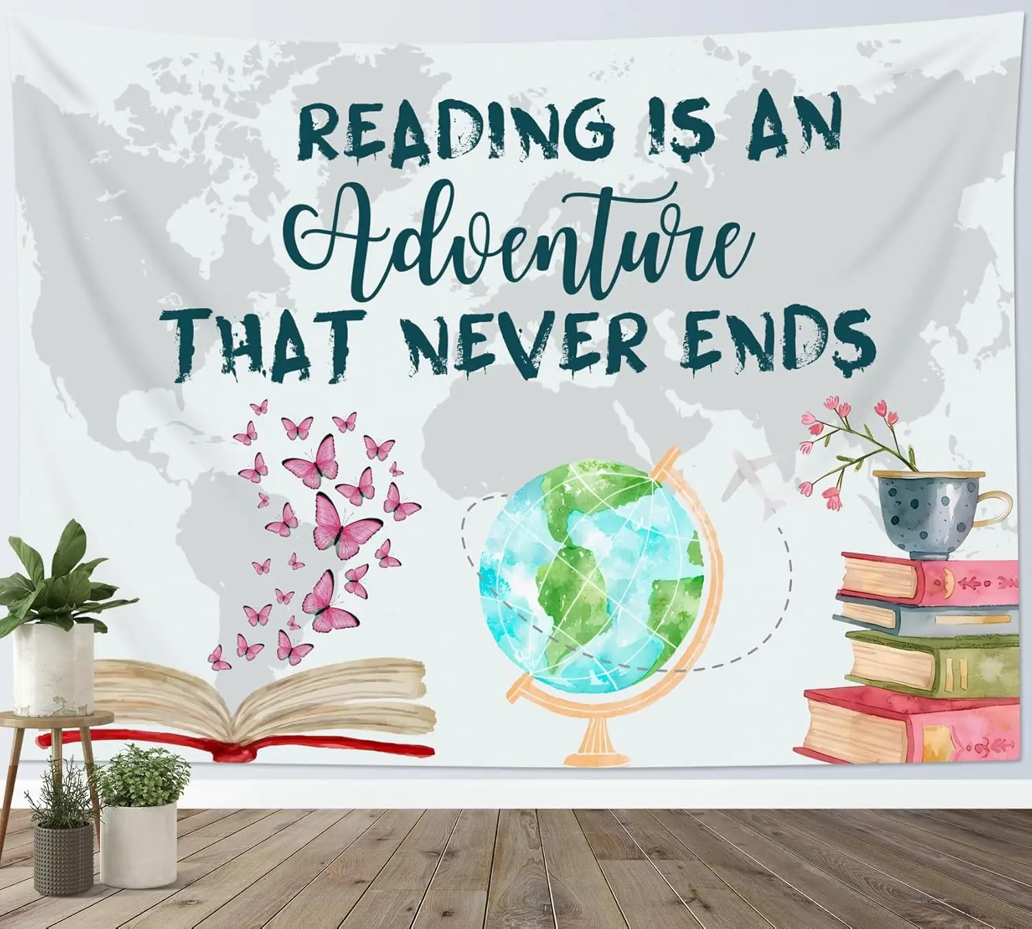 نسيج قراءة الفصل الدراسي على شكل فراشة وردية وخريطة العالم مع اقتباسات ملهمة، نسيج لغرفة النوم الجمالية