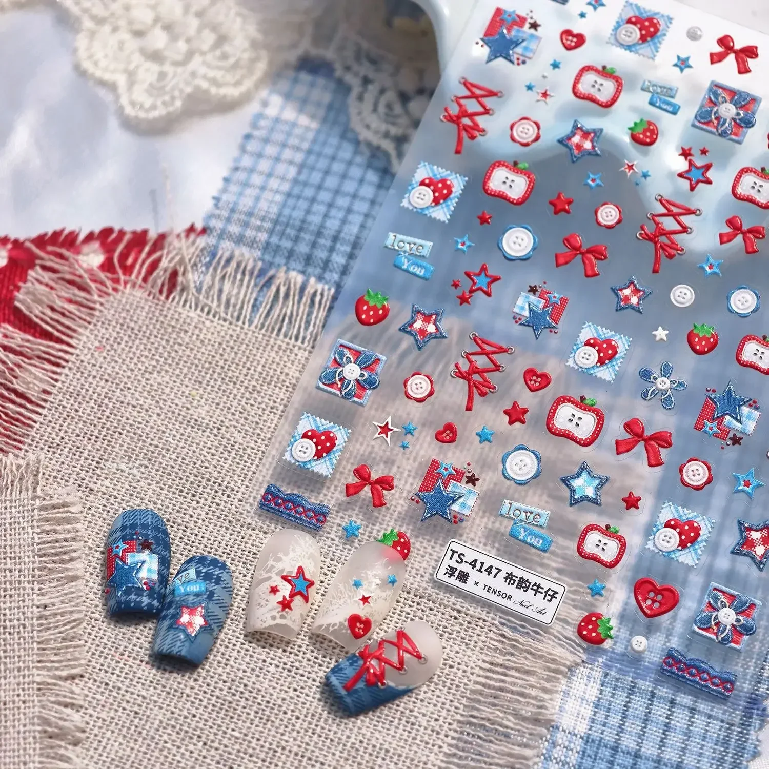 Sweet Cool Patchwork Flower Star Square Denim Design 3D Self Adhesive Nail Art Sticker Apple Love Button Bowknot Manicure Decals