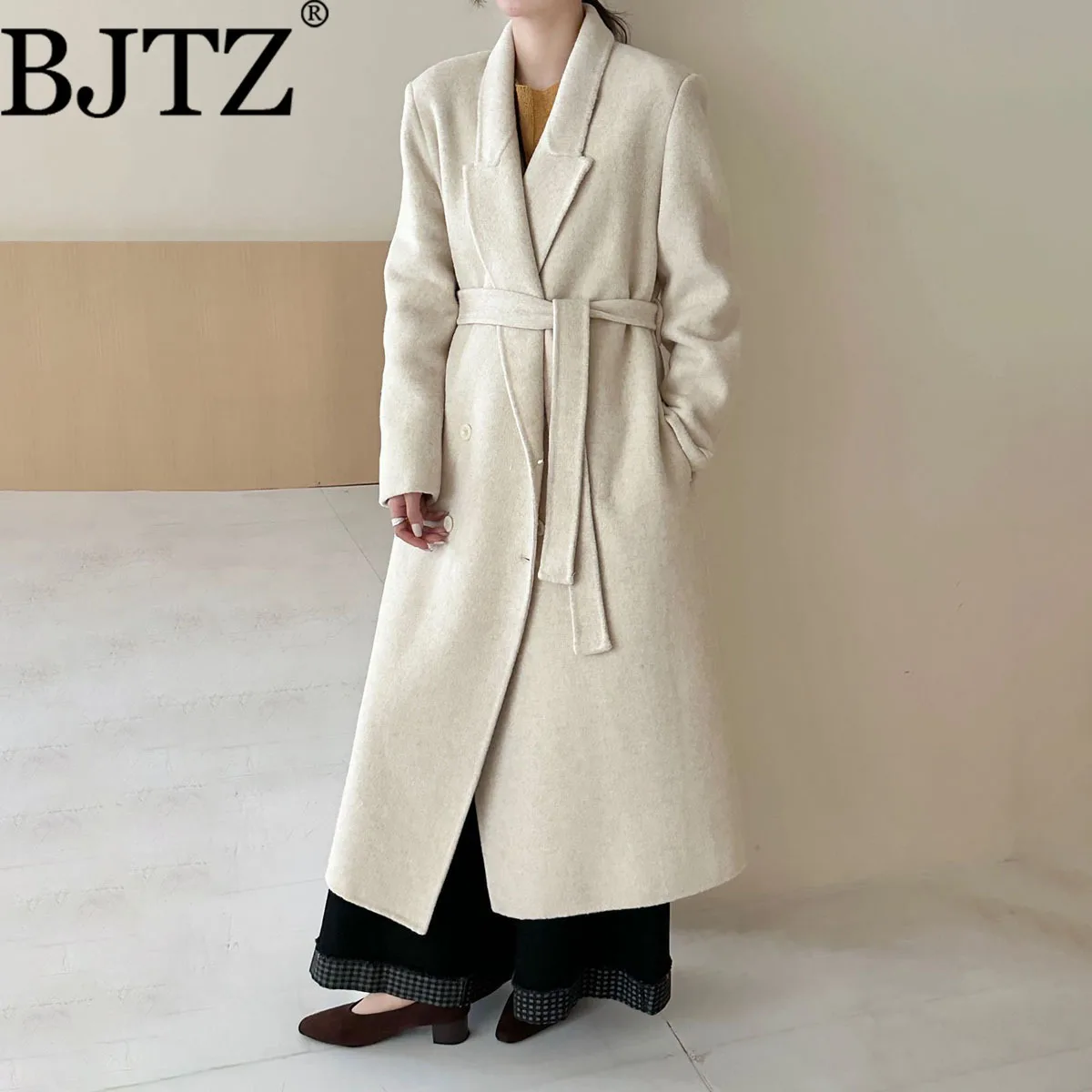 BJTZ 2025 معطف صوف نسائي فاخر جديد مزدوج الوجه مصنوع يدويًا قسط سميك دافئ خريف شتاء موضة ملابس خارجية أنيقة أنيقة