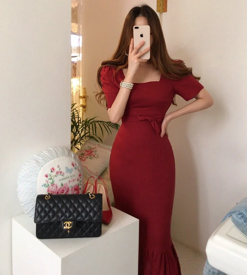 

Женское летнее платье Solowen из хлопка и льна с квадратным вырезом, облегающее, однотонное, в стиле ретро