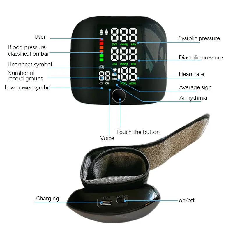 Wrist Type Blood Pressure Monitor Large Screen LED Fast Measurement Digital Tensiometer BP Tonometer Heart Rate USB Rechargeable