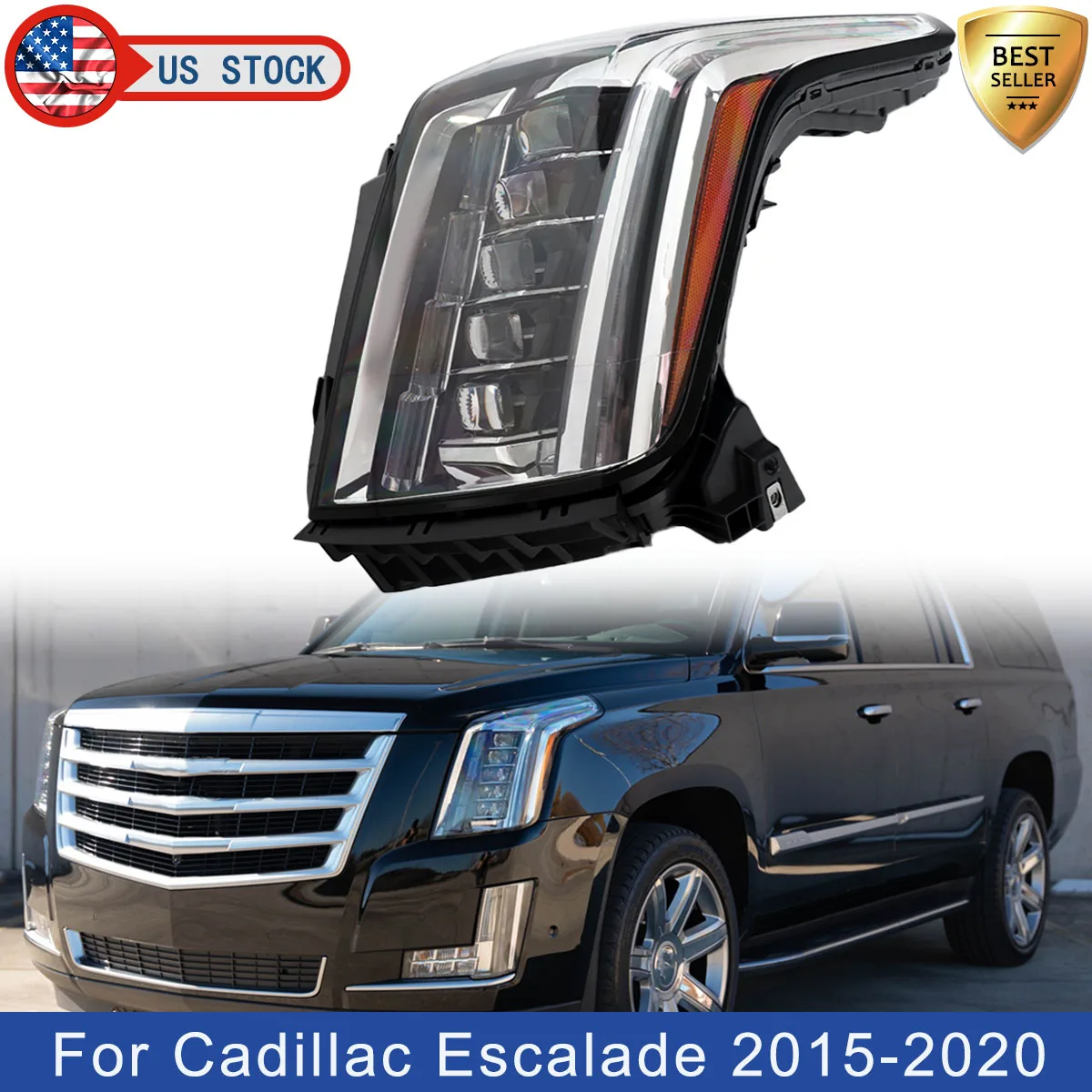

Front Headlight DRL Fit For Cadillac Escalade Sport 4-Door 2015 2016 2017 2018 2019 2020 Left Right Black Housing Headlamp LED