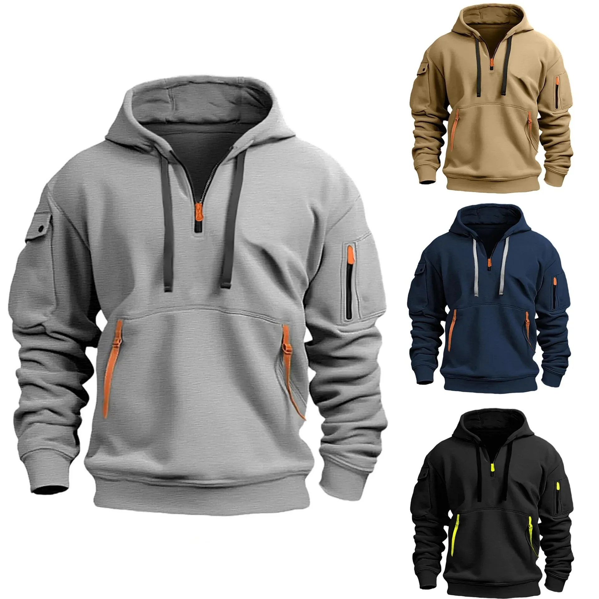 New Men\'s Leisure Sports Pullover Multi Zipper Arm Pocket Hoodie Set Autumn/Winter Fashion Hoodie Hoodie Men\'s Loose Coat 2024