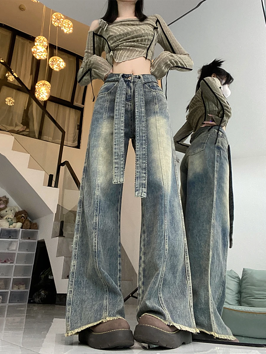 

American Style Vintage Jeans Women Spring Summer High Waist Raw Edge Loose Wide Leg Pants Fashion Trend Oversized Denim Pants