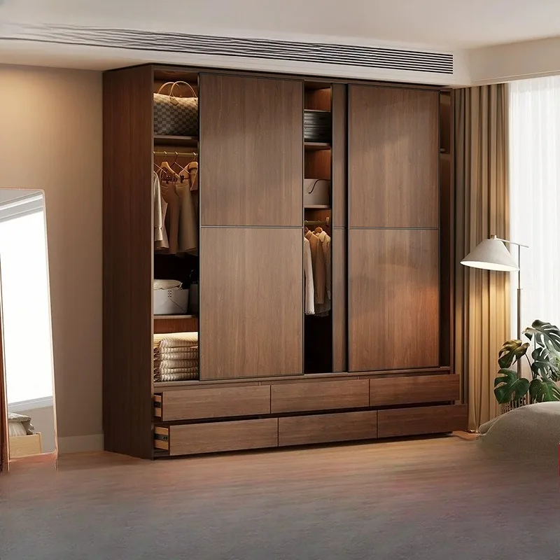 Solid wood wardrobe modern simple walnut wardrobe home sliding door cabinet bedroom locker floor with drawers