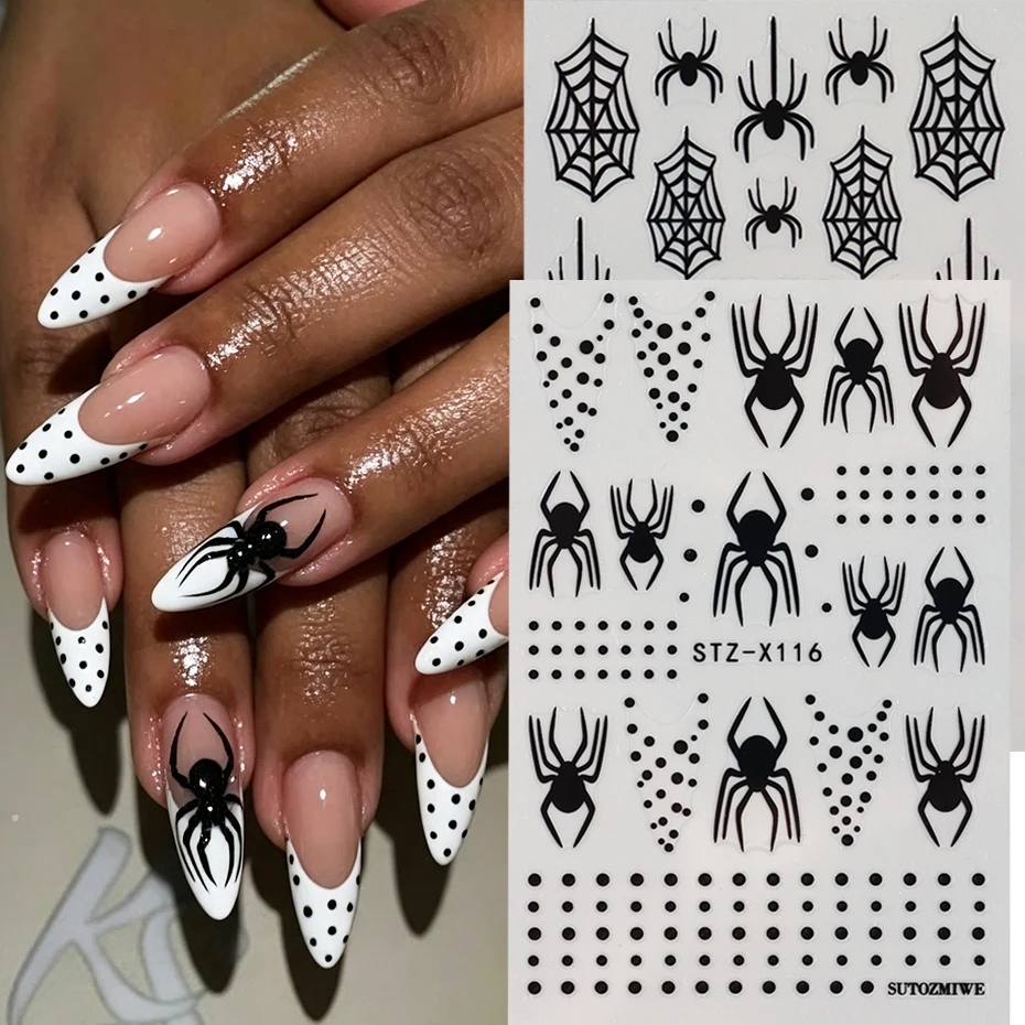 2pcs Black Spider & Polka Dot Nail Stickers Gothic Style Spooky Spider Web Nail Decals for Halloween Party Nail Decorations