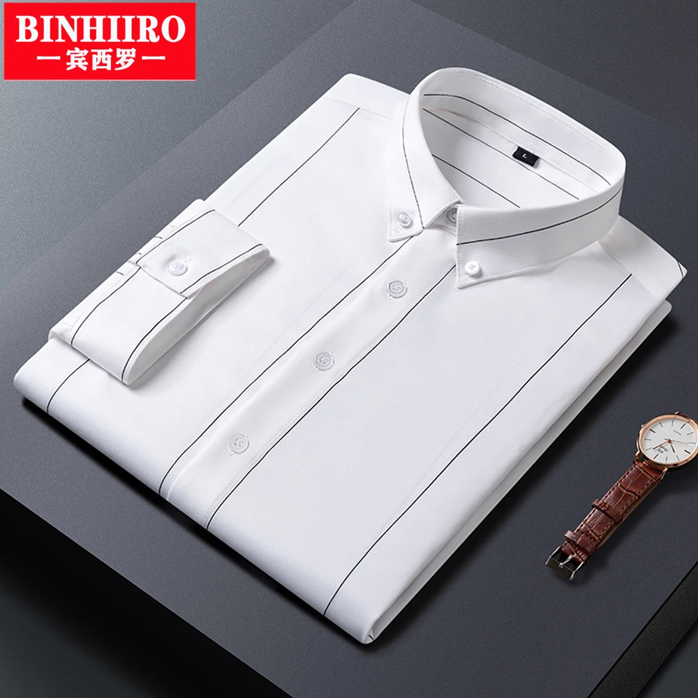 BINHIIRO Mens Striped Shirt Seven-Point Sleeve Summer Thin Korean Version Slim Shirt High Quality Classic Stretch Breathable Top